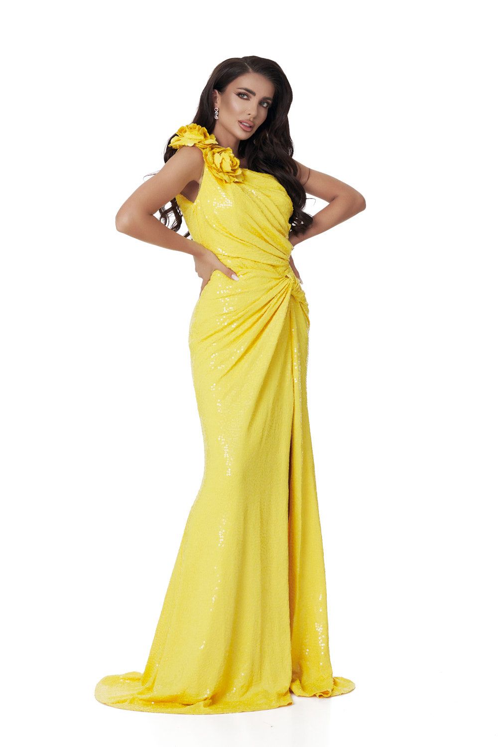 Long yellow sequin dress for women by Manrique Bogas