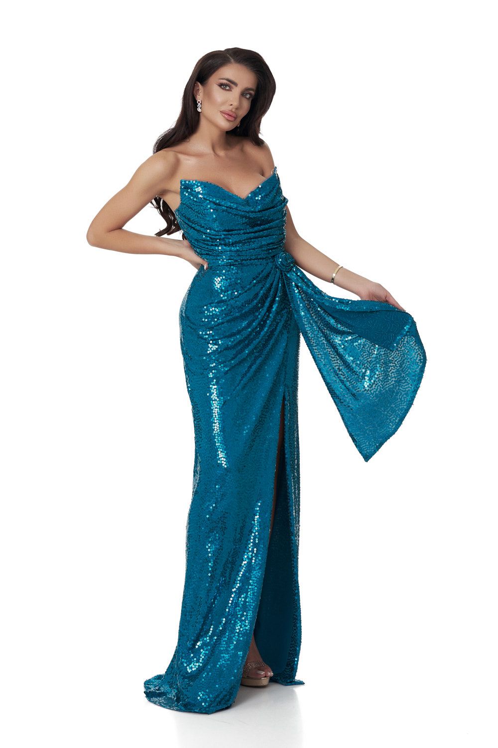 Turquoise sequin long dress for women by Nicomede Bogas