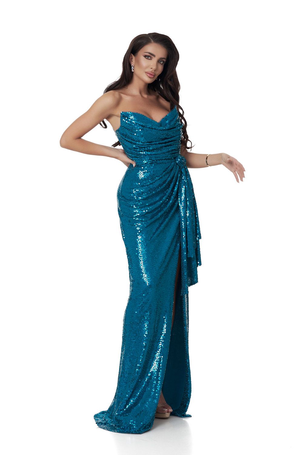 Turquoise sequin long dress for women by Nicomede Bogas