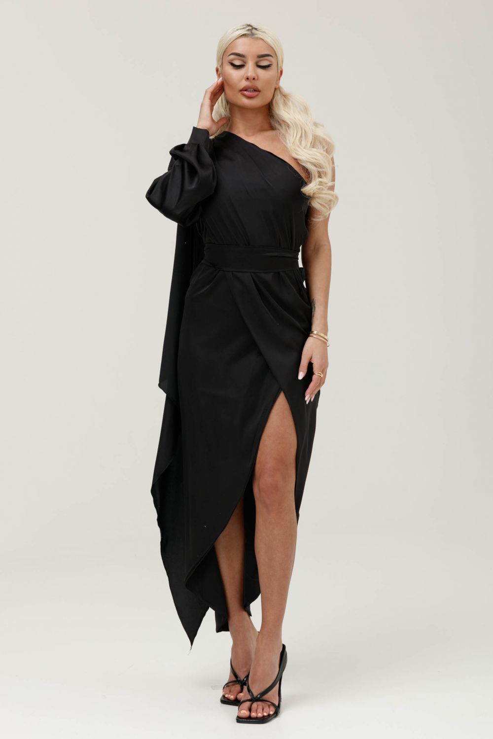 Long black satin veil dress for women by Standy Bogas