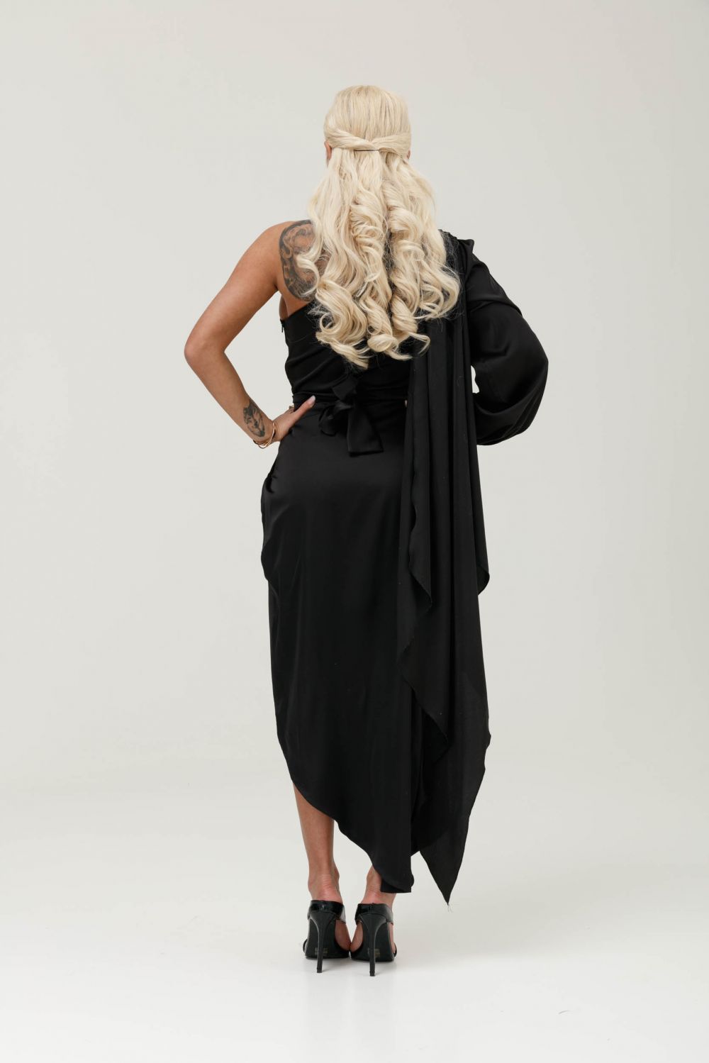 Long black satin veil dress for women by Standy Bogas