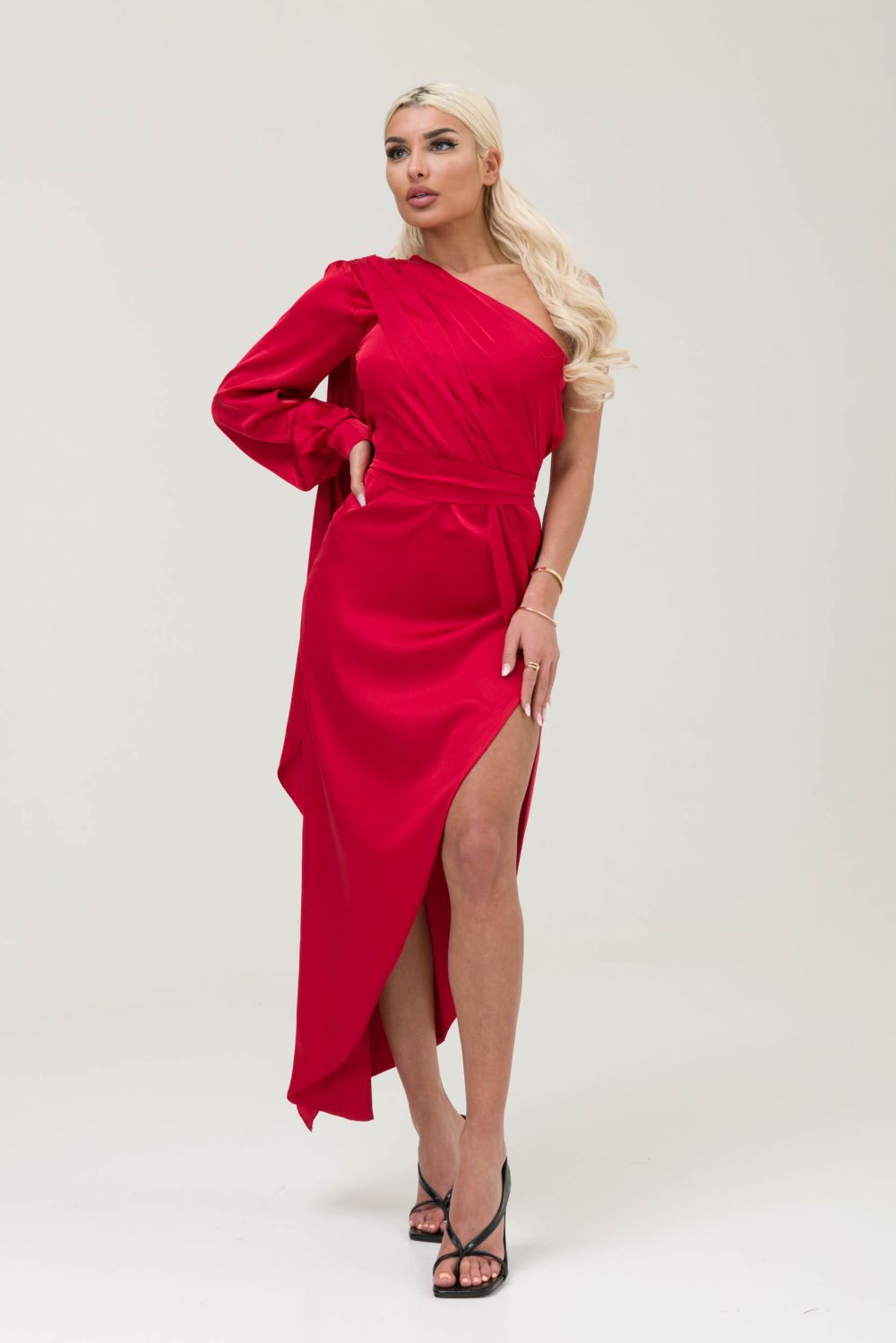Long red satin veil dress for women by Standy Bogas