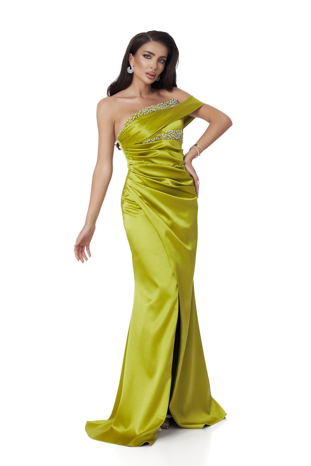 Long lime green taffeta dress for women by Kabecka Bogas