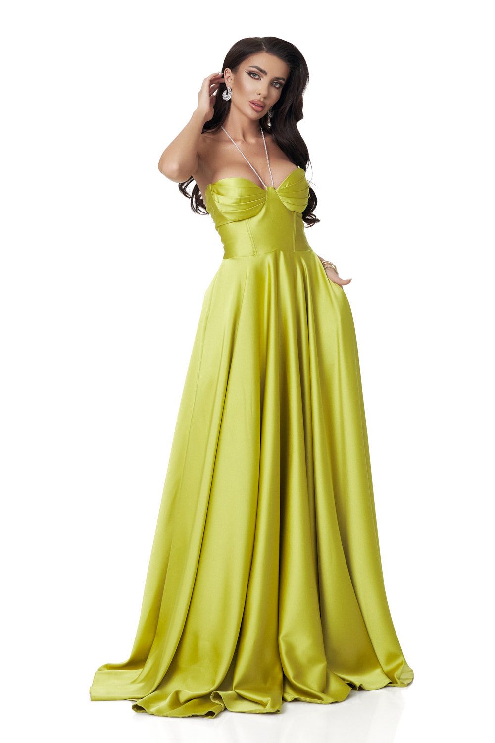 Lime green long taffeta dress for women Nayeli Bogas