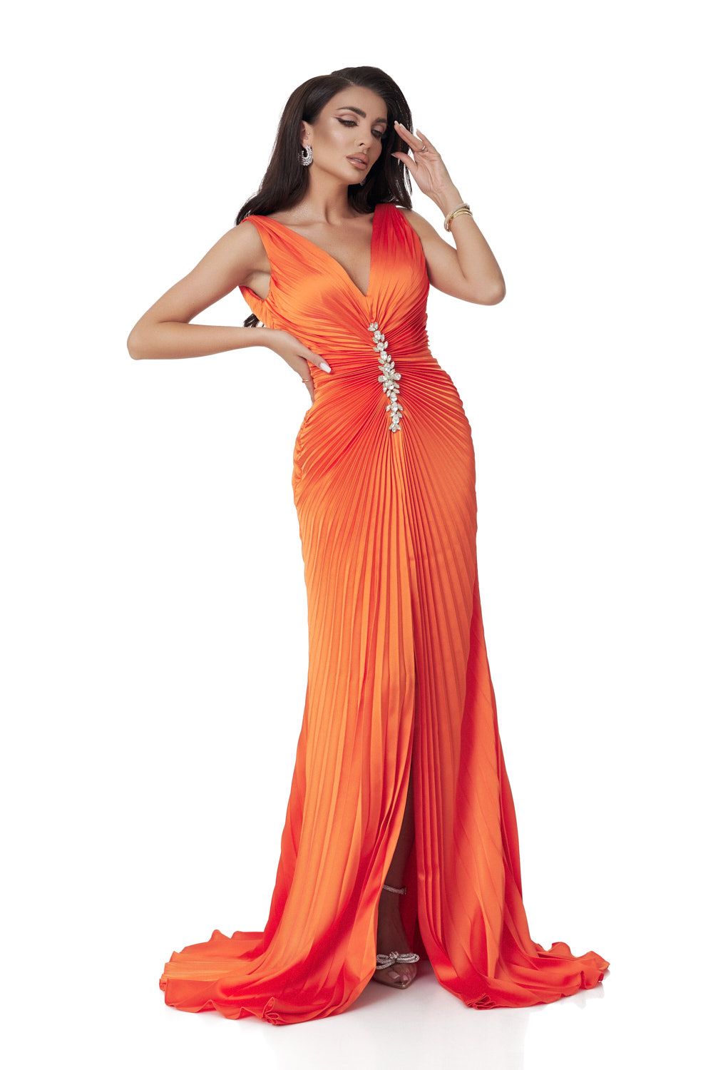 Long orange satin veil dress for women by Omana Bogas
