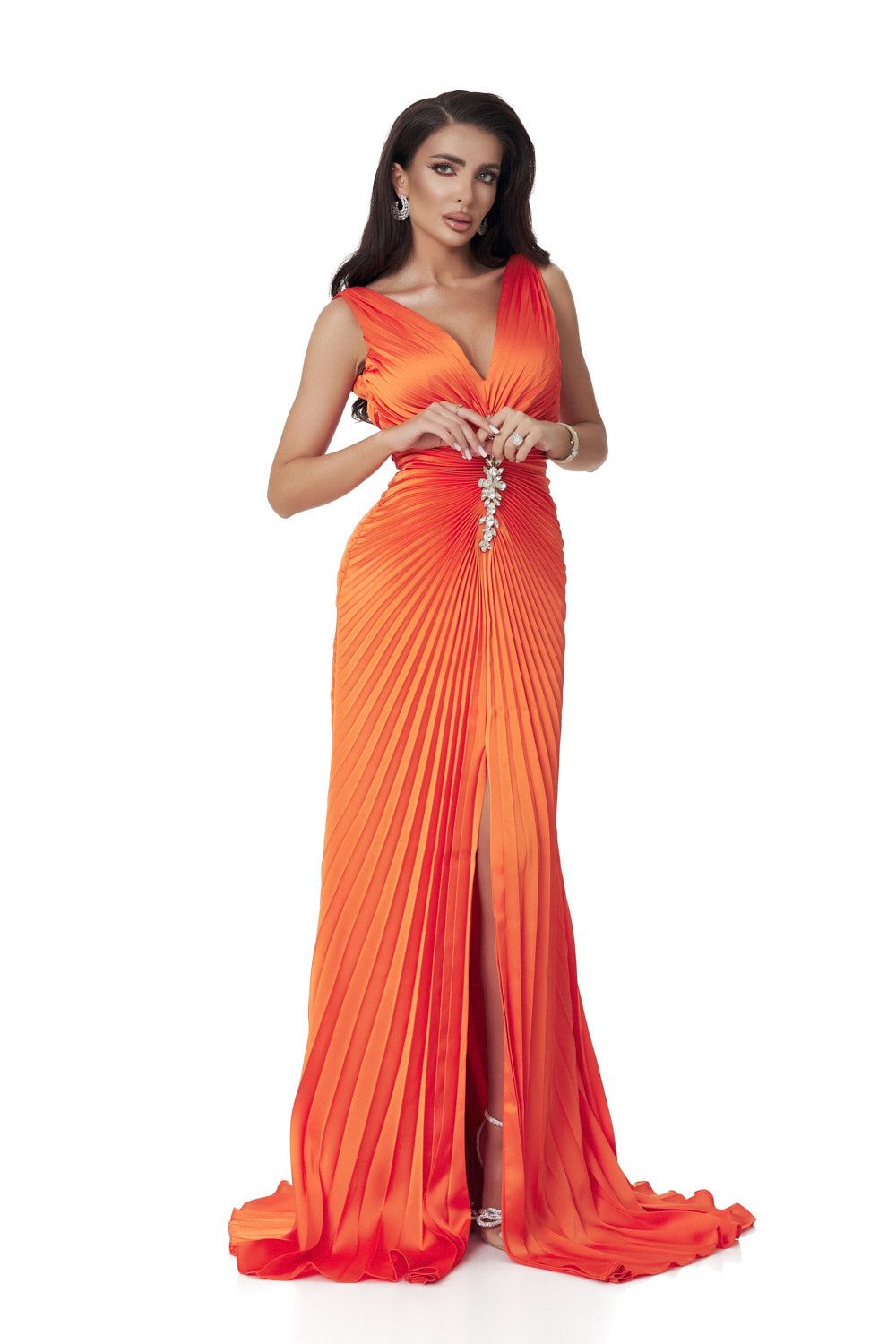 Long orange satin veil dress for women by Omana Bogas