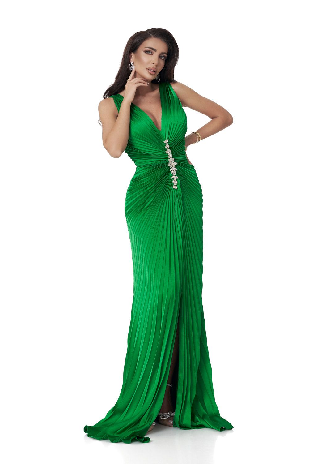 Long green satin veil dress for women Omana Bogas