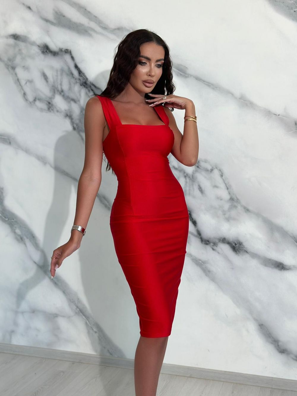 Red lycra midi dress for women Silasy Bogas