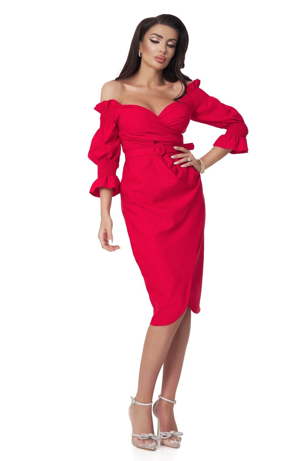 Red woolen midi dress for women, Kaleb Bogas