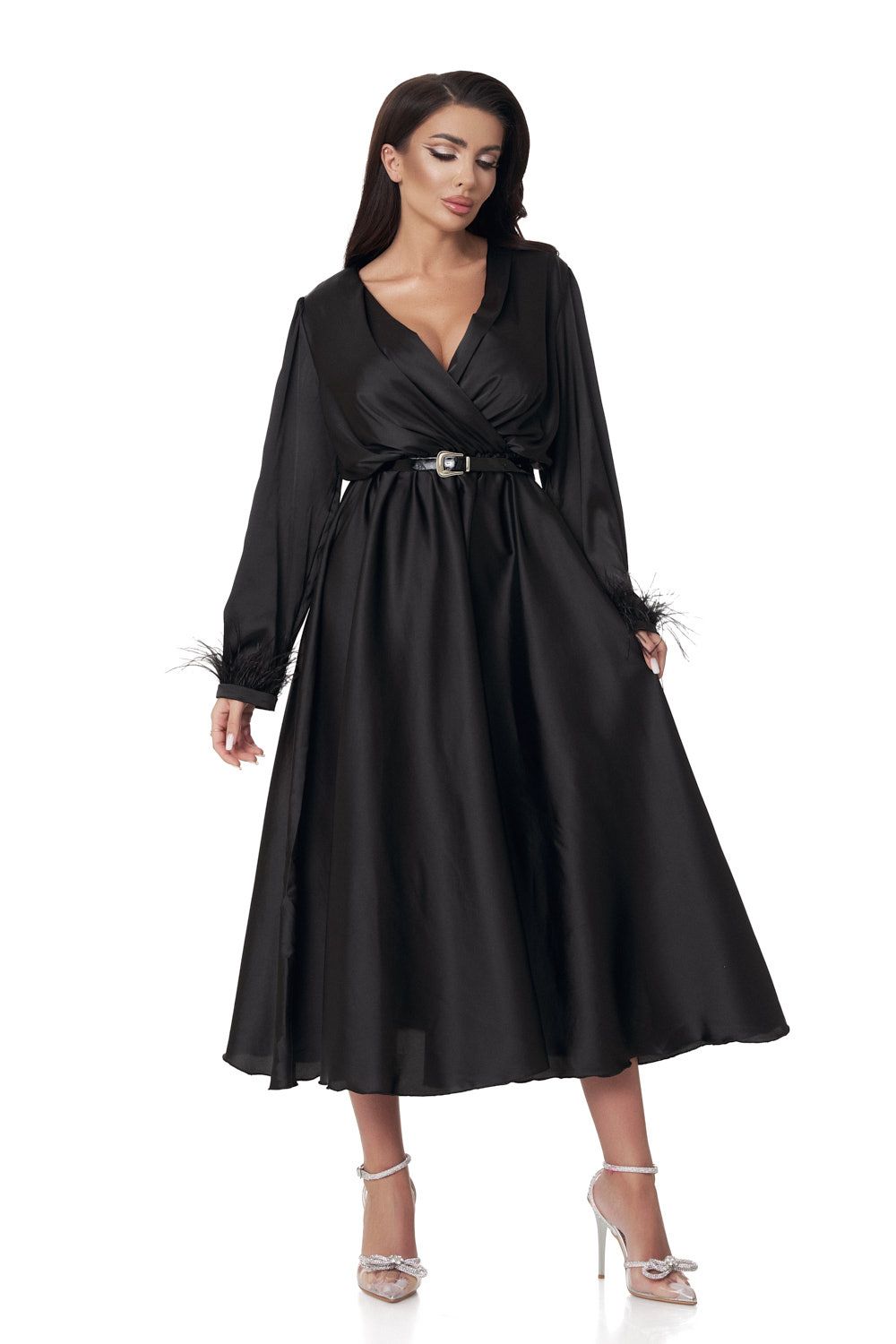 Black satin voile midi dress for women Andros Bogas