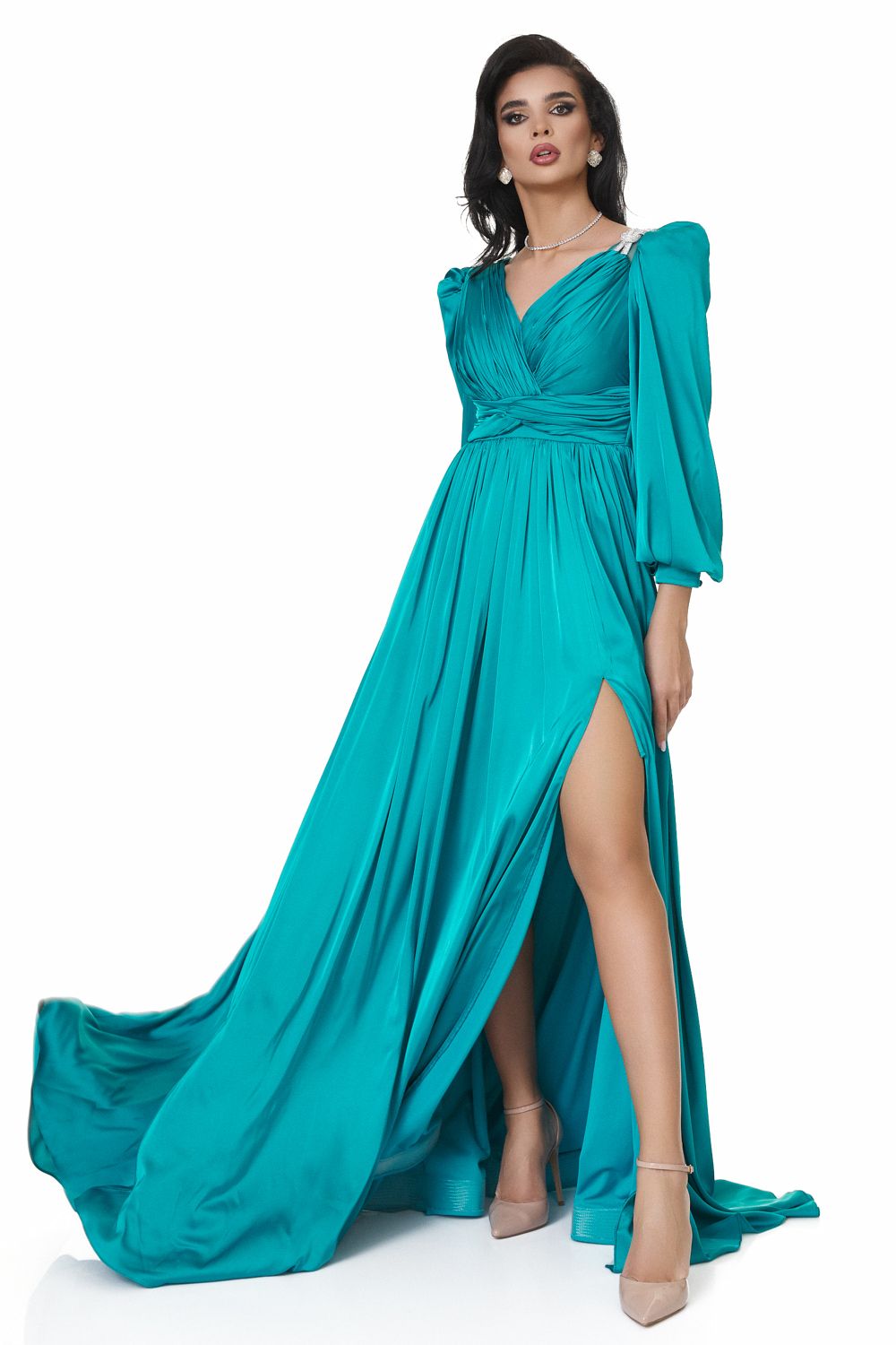 Turquoise satin veil long dress Cristalini Bogas