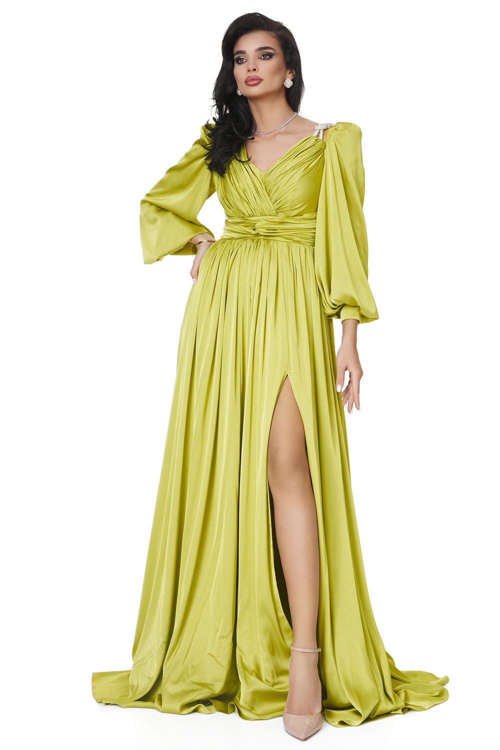 Bogas green crystal satin veil long dress