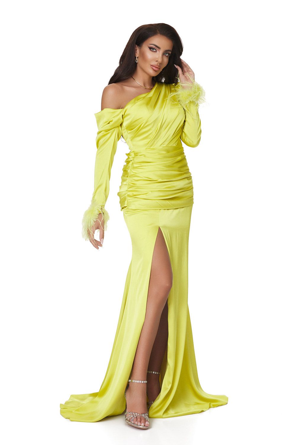 Long lime green satin voile dress Simmons Bogas