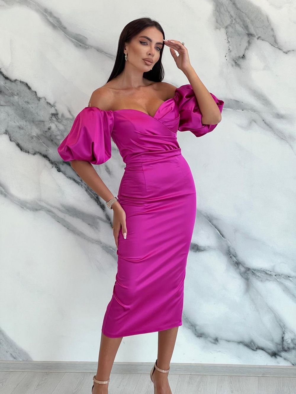 Mariska Bogas fuchsia taffeta midi dress